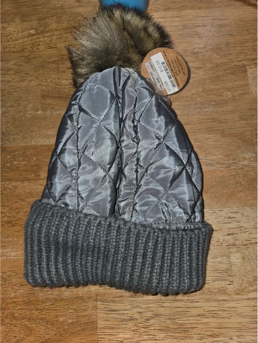 Britt's Knits Quilted Grey Beanie Hat with Faux Fur Pom Pom